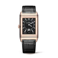 Montre REVERSO CLASSIC Large Duoface Small Seconds Bracelet alligator noir, Boucle ardillon or rose, Cadrans argenté guilloché brossé vertical et noir guilloché Clous de Paris