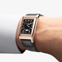 Montre REVERSO CLASSIC Large Duoface Small Seconds Bracelet alligator noir, Boucle ardillon or rose, Cadrans argenté guilloché brossé vertical et noir guilloché Clous de Paris