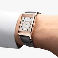 Montre REVERSO CLASSIC Large Duoface Small Seconds Bracelet alligator noir, Boucle ardillon or rose, Cadrans argenté guilloché brossé vertical et noir guilloché Clous de Paris