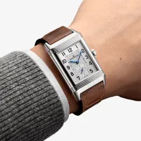 Montre REVERSO CLASSIC Large Duoface Small Seconds Bacelet cuir brun Fagliano, Boucle déployante, Cadrans argenté guilloché brossé vertical et noir guilloché Clous de Paris et velouté