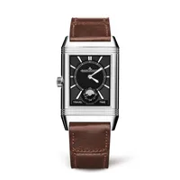 Montre REVERSO CLASSIC Large Duoface Small Seconds Bacelet cuir brun Fagliano, Boucle déployante, Cadrans argenté guilloché brossé vertical et noir guilloché Clous de Paris et velouté