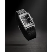 Montre REVERSO CLASSIC Large Small Seconds, Bracelet veau noir Fagliano, Boucle ardillon, Cadran argenté guilloché brossé vertical chiffres arabes