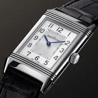Montre REVERSO CLASSIC Large Small Seconds, Bracelet veau noir Fagliano, Boucle ardillon, Cadran argenté guilloché brossé vertical chiffres arabes