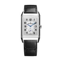 Montre REVERSO CLASSIC Large Small Seconds, Bracelet veau noir Fagliano, Boucle ardillon, Cadran argenté guilloché brossé vertical chiffres arabes