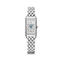 Montre REVERSO CLASSIC "Origin" sertie diamants, Bracelet acier "grain de riz", Cadran argenté guilloché et brossé vertical