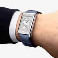 Montre REVERSO TRIBUTE Duoface Bracelet veau bleu Fagliano, Boucle déployante, Cadrans bleu soleillé et argent guilloché Clous de Paris et velouté