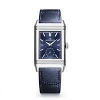 Montre REVERSO TRIBUTE Duoface Bracelet veau bleu Fagliano, Boucle déployante, Cadrans bleu soleillé et argent guilloché Clous de Paris et velouté
