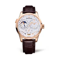 Montre DUOMETRE A QUANTIEME LUNAIRE Bracelet alligator marron foncé, Boucle déployante or rose, Cadran argenté grainé
