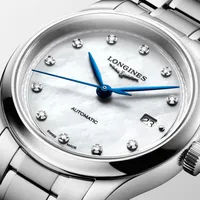 Montre LONGINES MASTER COLLECTION, Bracelet acier, Cadran nacre blanche index diamants