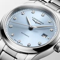 Montre LONGINES MASTER COLLECTION, Bracelet acier, Cadran bleu givré index diamants