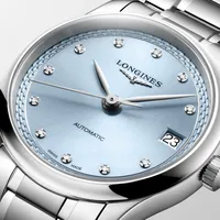 Montre LONGINES MASTER COLLECTION, Bracelet acier, Cadran bleu givré index diamants