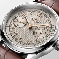 Montre LONGINES MASTER COLLECTION Chrono Monopusher Mécanique, Bracelet alligator brun, Boucle déployante, Cadran ivoire grain d'orge