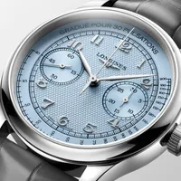 Montre LONGINES MASTER COLLECTION Chrono Monopusher Mécanique, Bracelet alligator anthracite, Boucle déployante, Cadran bleu givré grain d'orge