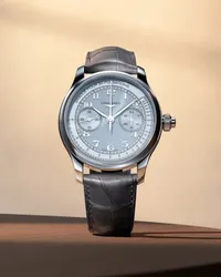 Montre LONGINES MASTER COLLECTION Chrono Monopusher Mécanique, Bracelet alligator anthracite, Boucle déployante, Cadran bleu givré grain d'orge
