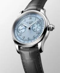 Montre LONGINES MASTER COLLECTION Chrono Monopusher Mécanique, Bracelet alligator anthracite, Boucle déployante, Cadran bleu givré grain d'orge