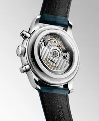 Montre LONGINES MASTER COLLECTION Chrono Moonphase, Bracelet alligator bleu, Boucle déployante, Cadran argenté "grain d'orge"