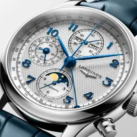 Montre LONGINES MASTER COLLECTION Chrono Moonphase, Bracelet alligator bleu, Boucle déployante, Cadran argenté "grain d'orge"