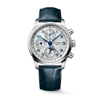 Montre LONGINES MASTER COLLECTION Chrono Moonphase, Bracelet alligator bleu, Boucle déployante, Cadran argenté "grain d'orge"