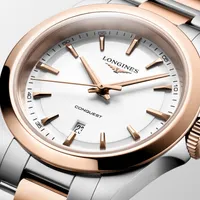 Montre CONQUEST acier et PVD rose, Bracelet acier et PVD rose, Cadran blanc sablé aiguilles roses