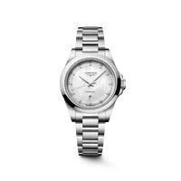 Montre CONQUEST Quartz, Bracelet acier, Cadran nacre blanche index diamants