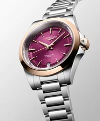 Montre CONQUEST lunette coiffée or rose, Bracelet acier, Cadran violet soleillé