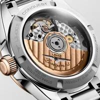 Montre CONQUEST lunette coiffée or rose, Bracelet acier, Cadran violet soleillé