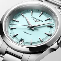 Montre CONQUEST Quartz, Bracelet acier, Cadran bleu menthe sablé index