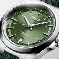 Montre CONQUEST, Bracelet caoutchouc vert, Boucle déployante, Cadran vert soleillé