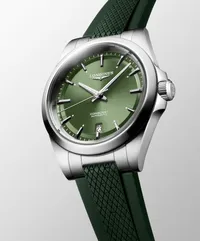 Montre CONQUEST, Bracelet caoutchouc vert, Boucle déployante, Cadran vert soleillé