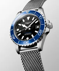 Montre HYDROCONQUEST lunette céramique bleue, Bracelet Milanais acier, Cadran noir laqué poli
