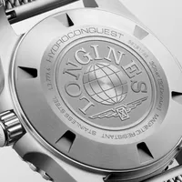 Montre HYDROCONQUEST lunette céramique bleue, Bracelet Milanais acier, Cadran noir laqué poli