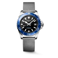 Montre HYDROCONQUEST lunette céramique bleue, Bracelet Milanais acier, Cadran noir laqué poli