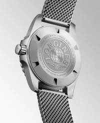 Montre HYDROCONQUEST lunette céramique bleue, Bracelet Milanais acier, Cadran noir laqué poli