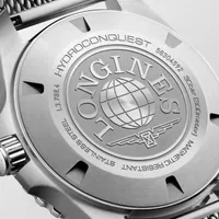 Montre HYDROCONQUEST lunette céramique grise, Bracelet Milanais acier, Cadran noir laqué poli
