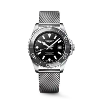 Montre HYDROCONQUEST lunette céramique grise, Bracelet Milanais acier, Cadran noir laqué poli