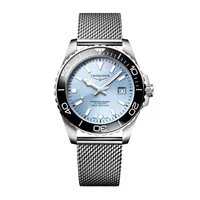 Montre HYDROCONQUEST lunette céramique noire, Bracelet Milanais acier, Cadran bleu givré soleillé