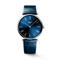 Montre LA GRANDE CLASSIQUE DE LONGINES Bracelet alligator bleu, Boucle ardillon, Cadran bleu soleillé