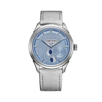 Montre ROYALE PARIS Grande Date et Lune, Bracelet cuir nubuck gris perle interchangeable, Boucle déployante, Cadran bleu glacier