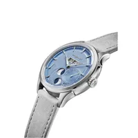 Montre ROYALE PARIS Grande Date et Lune, Bracelet cuir nubuck gris perle interchangeable, Boucle déployante, Cadran bleu glacier