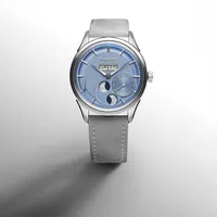 Montre ROYALE PARIS Grande Date et Lune, Bracelet cuir nubuck gris perle interchangeable, Boucle déployante, Cadran bleu glacier