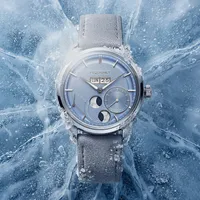 Montre ROYALE PARIS Grande Date et Lune, Bracelet cuir nubuck gris perle interchangeable, Boucle déployante, Cadran bleu glacier