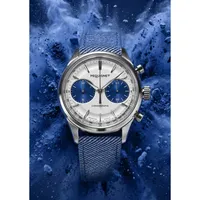 Montre ROYALE PARIS CHRONO, Bracelet cordura bleu, Boucle déployante, Cadran argenté compteurs bleus
