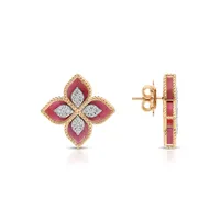 Boucles d'oreilles Roberto Coin Princess Flower en or jaune, rhodonite et diamants