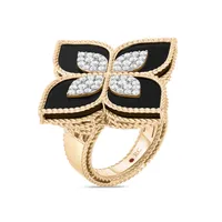 Bague Roberto Coin Princess Flower en or jaune, jade noir et diamants