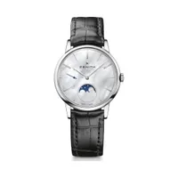 Montre ELITE LADY MOONPHASE Bracelet alligator noir doublé caoutchouc C714, Boucle ardillon, Cadran nacre blanche