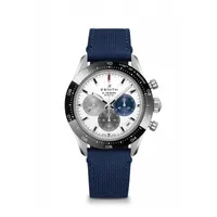 Montre CHRONOMASTER SPORT lunette céramique noire Bracelet caoutchouc et cordura bleu, Boucle déployante en acier, Cadran blanc avec 3 compteurs de couleurs