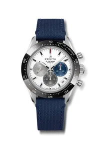 Montre CHRONOMASTER SPORT lunette céramique noire Bracelet caoutchouc et cordura bleu, Boucle déployante en acier, Cadran blanc avec 3 compteurs de couleurs