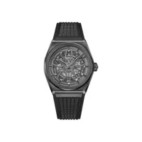 Montre DEFY CLASSIC Céramique noire Bracelet caoutchouc noir, Boucle déployante en titane DLC noir, Cadran squelette