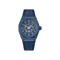 Montre DEFY CLASSIC céramique bleue Bracelet caoutchouc bleu, Boucle déployante en titane et céramique bleue, Cadran bleu ajouré