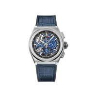Montre DEFY EL PRIMERO 21 Bracelet caoutchouc revêtu d'alligator bleu, Boucle déployante en titane, Cadran ajouré avec compteurs deux couleurs différentes